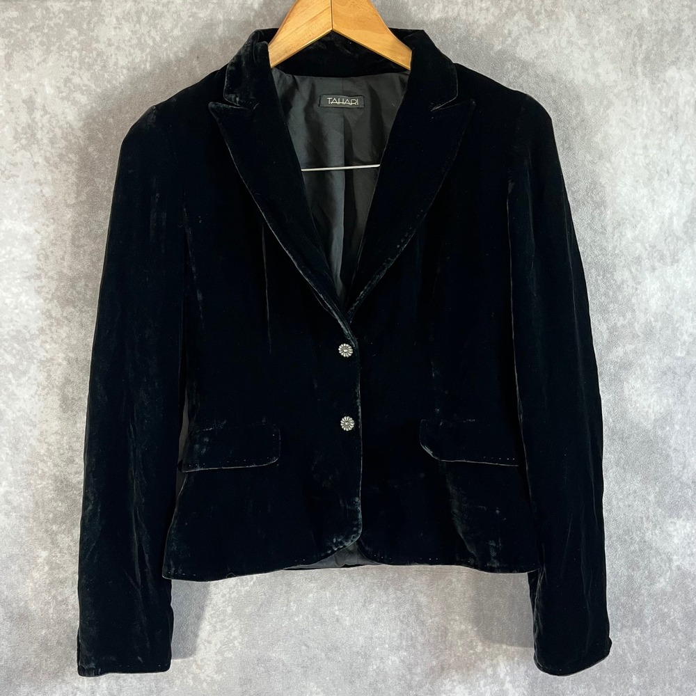 Tahari Velvet Blazer Women XS / TP Black Silk Blend Two Button Notched Lapel